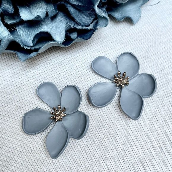 Metal Pierced Flower Blossom Earrings Painted a Milky Blue Gray Gold Ton… - Picture 1 of 3